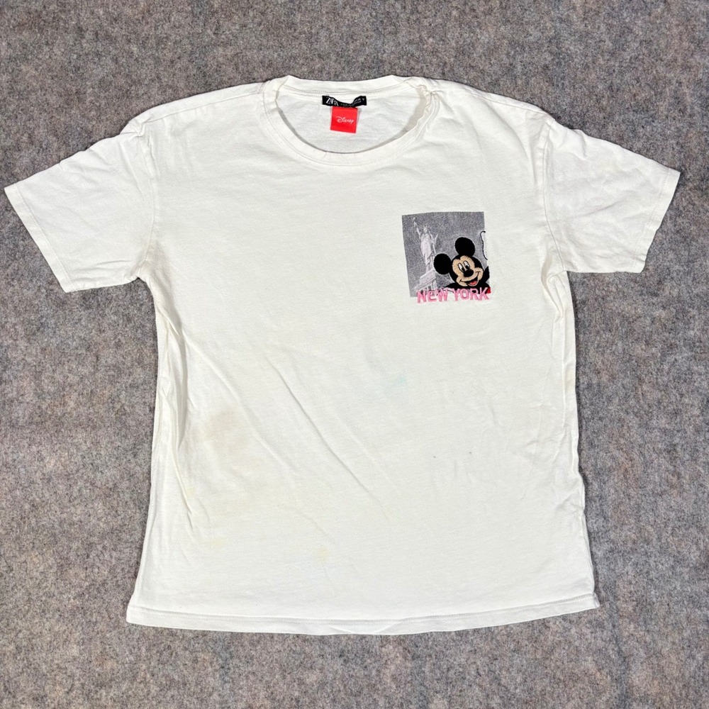 Zara T-Shirt Mens Medium White Mickey Mouse New York Statue of Liberty Graphic